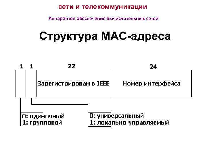 сети и телекоммуникации Аппаратное обеспечение вычислительных сетей Структура MAC-адреса 