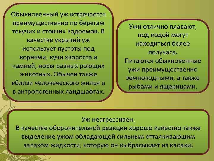 Обыкновенный уж встречается преимущественно по берегам текучих и стоячих водоемов. В качестве укрытий уж