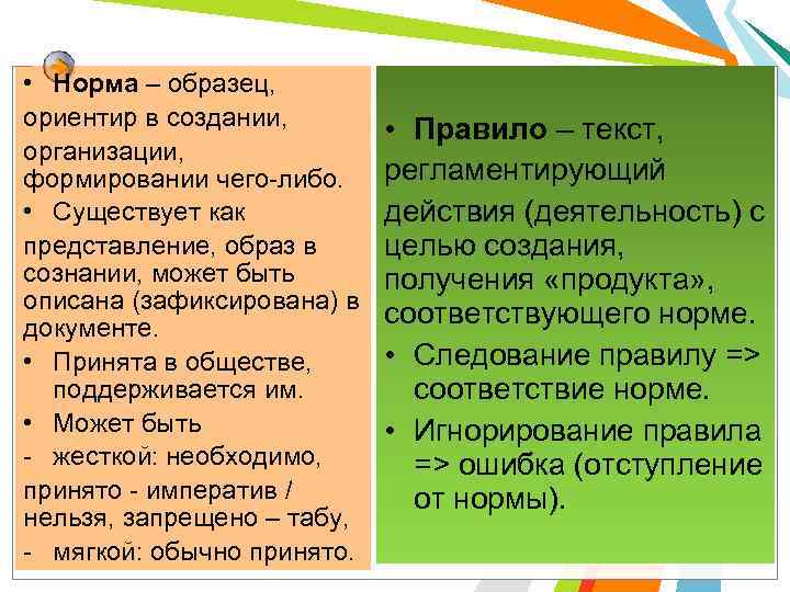  • Норма – образец, ориентир в создании, организации, формировании чего-либо. • Существует как