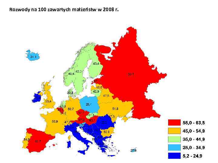 Rozwody na 100 zawartych małżeństw w 2008 r. 