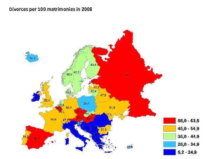 Divorces per 100 matrimonies in 2008 