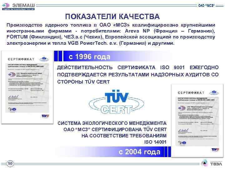 ПОКАЗАТЕЛИ КАЧЕСТВА Производство ядерного топлива в ОАО «МСЗ» квалифицировано крупнейшими иностранными фирмами - потребителями: