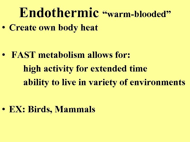 Endothermic “warm-blooded” • Create own body heat • FAST metabolism allows for: high activity