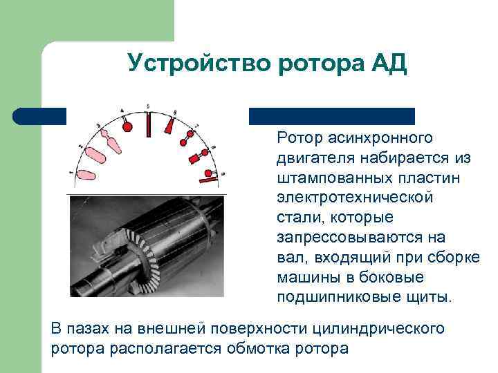 Устройство ротора АД Ротор асинхронного двигателя набирается из штампованных пластин электротехнической стали, которые запрессовываются