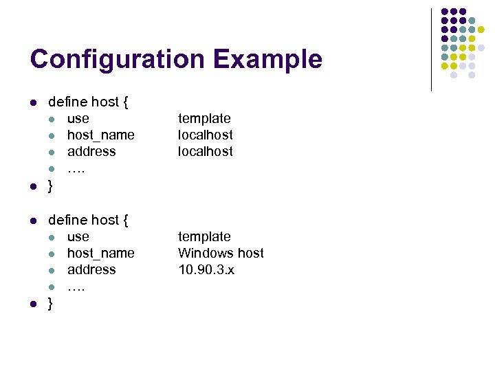 Configuration Example l l define host { l use l host_name l address l