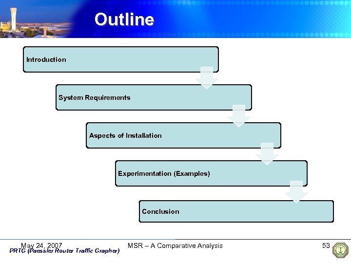 Outline Introduction System Requirements Aspects of Installation Experimentation (Examples) Conclusion May 24, 2007 PRTG