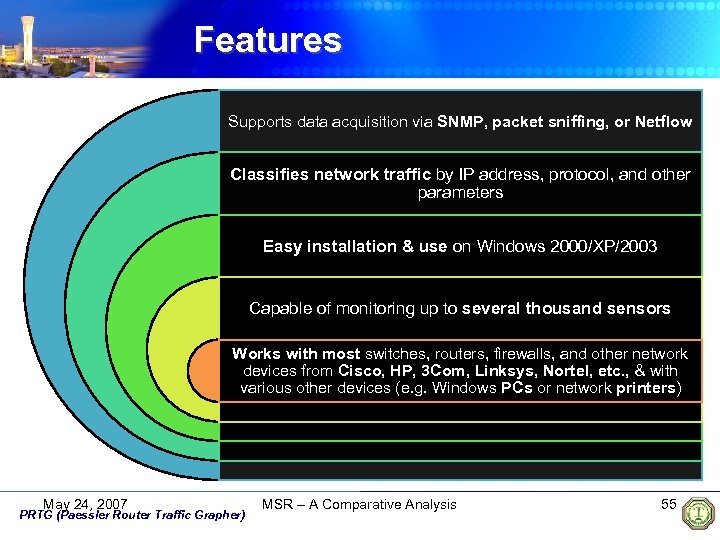 Features Supports data acquisition via SNMP, packet sniffing, or Netflow Classifies network traffic by