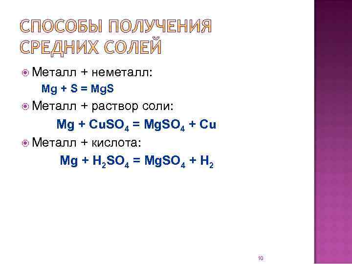  Металл + неметалл: Mg + S = Mg. S Металл + раствор соли: