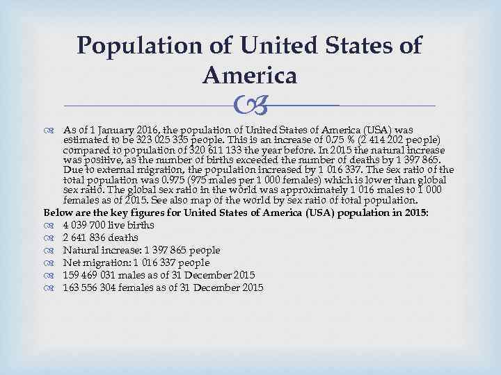 Population of United States of America As of 1 January 2016, the population of