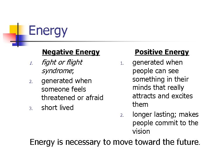 Energy Negative Energy 1. 2. 3. fight or flight syndrome; 1. generated when someone