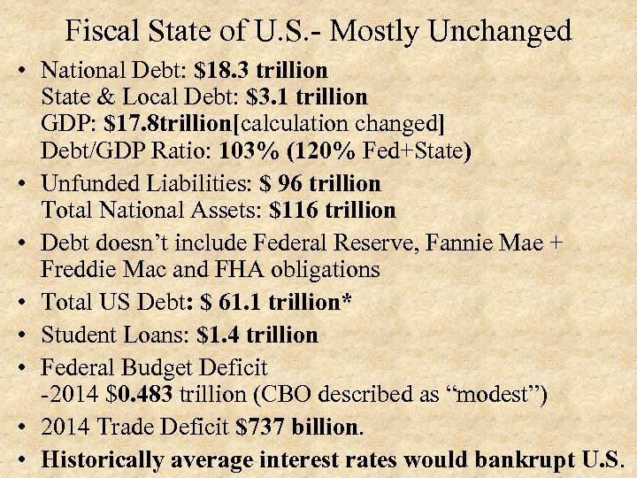 Fiscal State of U. S. - Mostly Unchanged • National Debt: $18. 3 trillion