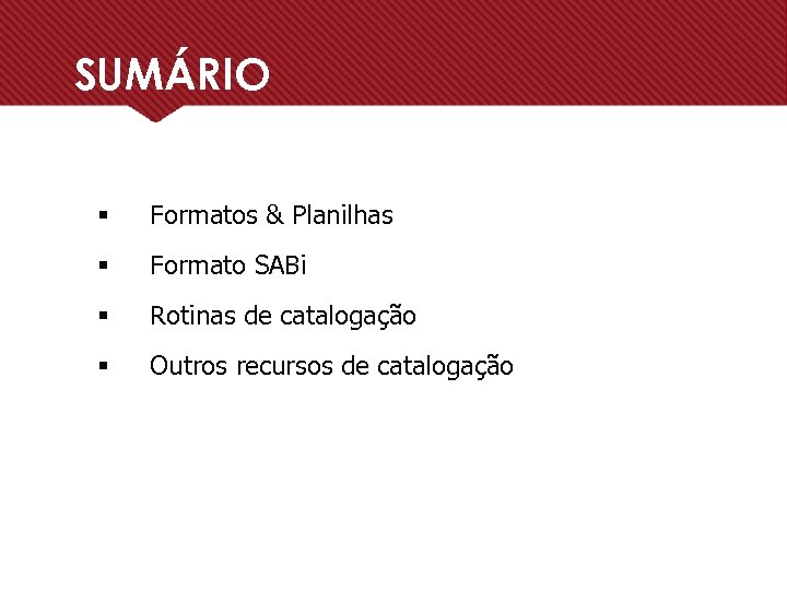 SUMÁRIO § Formatos & Planilhas § Formato SABi § Rotinas de catalogação § Outros