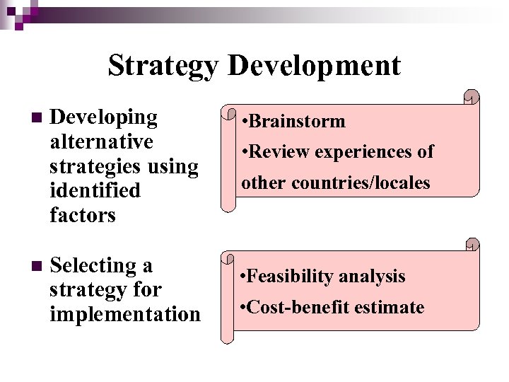 Strategy Development n n Developing alternative strategies using identified factors Selecting a strategy for