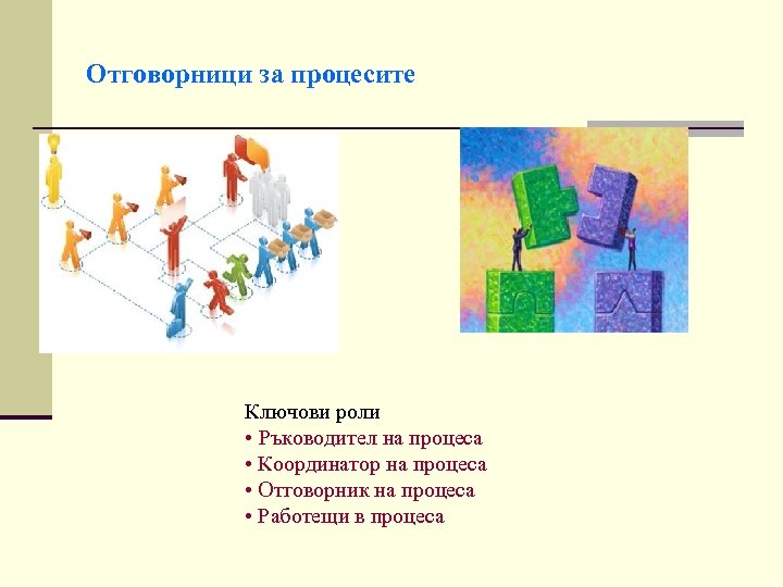 Отговорници за процесите Ключови роли • Ръководител на процеса • Координатор на процеса •