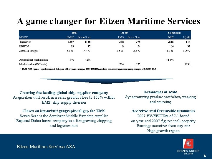 A game changer for Eitzen Maritime Services * EMS 2007 figures is proforma incl.