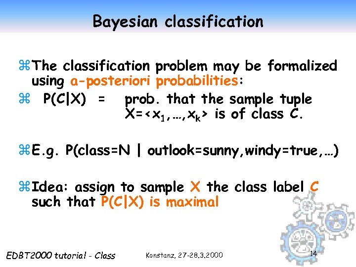 Bayesian classification z The classification problem may be formalized using a-posteriori probabilities: z P(C|X)