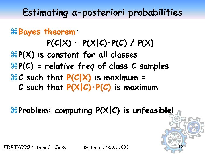 Estimating a-posteriori probabilities z Bayes theorem: P(C|X) = P(X|C)·P(C) / P(X) z P(X) is