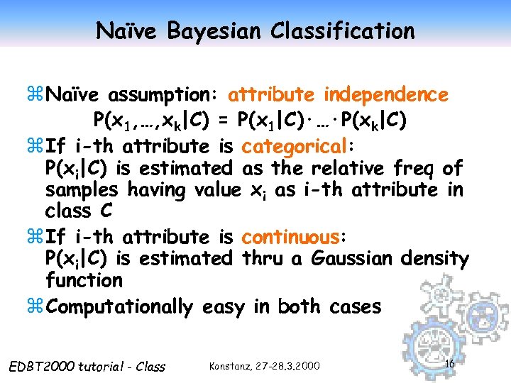 Naïve Bayesian Classification z Naïve assumption: attribute independence P(x 1, …, xk|C) = P(x