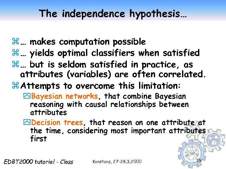 The independence hypothesis… z … makes computation possible z … yields optimal classifiers when