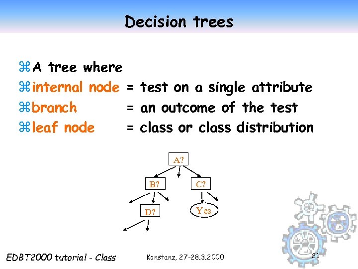 Decision trees z A tree where z internal node = test on a single