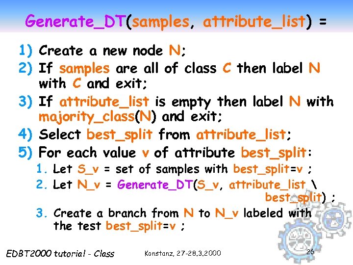 Generate_DT(samples, attribute_list) = 1) Create a new node N; 2) If samples are all