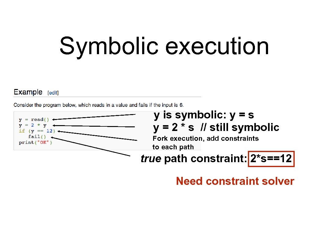Symbolic execution y is symbolic: y = s y = 2 * s //