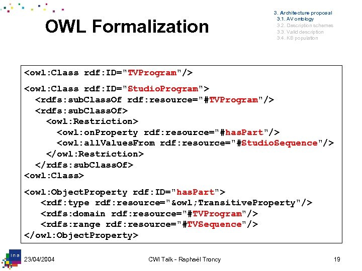 OWL Formalization 3. Architecture proposal 3. 1. AV ontology 3. 2. Description schemes 3.
