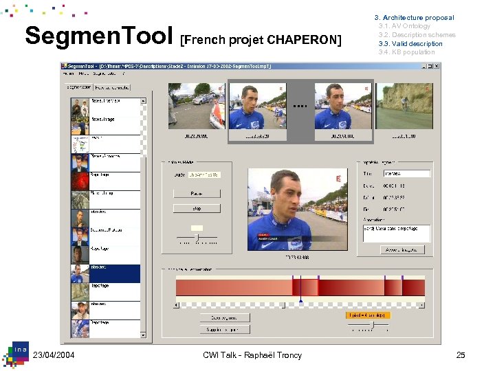 Segmen. Tool [French projet CHAPERON] 23/04/2004 CWI Talk - Raphaël Troncy 3. Architecture proposal