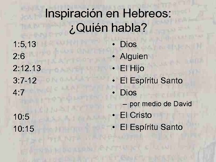 Inspiración en Hebreos: ¿Quién habla? 1: 5, 13 2: 6 2: 12. 13 3: