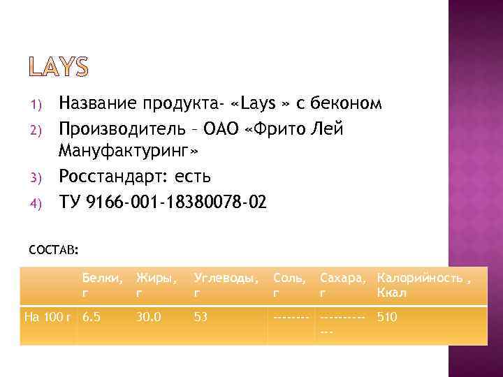 1) 2) 3) 4) Название продукта- «Lays » с беконом Производитель – ОАО «Фрито