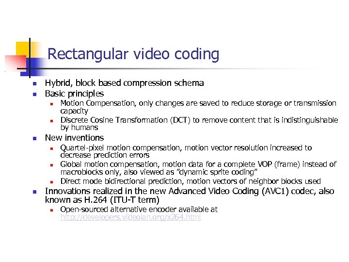 Rectangular video coding Hybrid, block based compression schema Basic principles New inventions Motion Compensation,