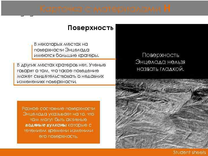 Карточка с материалами H SS 1 h Поверхность В некоторых местах на поверхности Энцелада