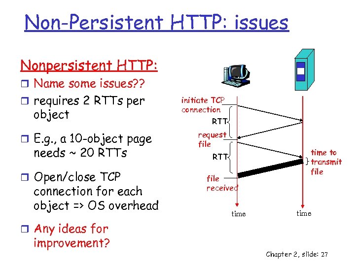 Non-Persistent HTTP: issues Nonpersistent HTTP: r Name some issues? ? r requires 2 RTTs