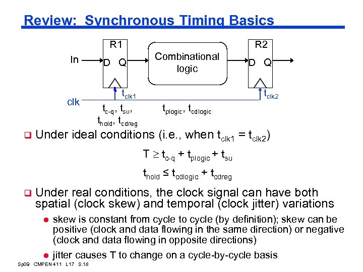 Review: Synchronous Timing Basics R 1 In clk q D Q tclk 1 tc-q,