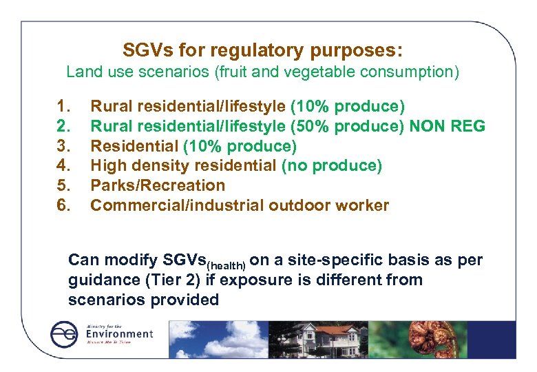 SGVs for regulatory purposes: Land use scenarios (fruit and vegetable consumption) 1. 2. 3.