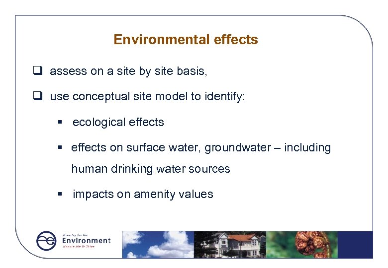 Environmental effects q assess on a site by site basis, q use conceptual site