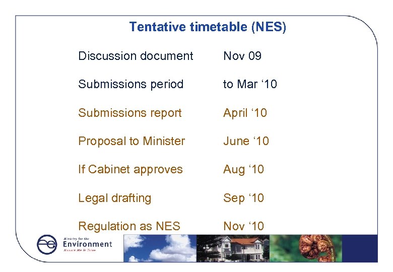 Tentative timetable (NES) Discussion document Nov 09 Submissions period to Mar ‘ 10 Submissions