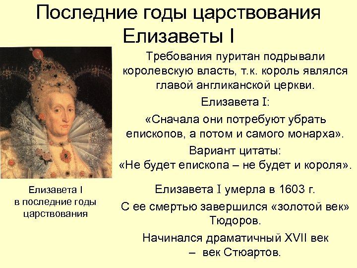 Последние годы царствования Елизаветы I Требования пуритан подрывали королевскую власть, т. к. король являлся