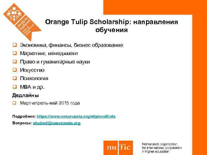 Orange Tulip Scholarship: направления обучения q Экономика, финансы, бизнес образование q Маркетинг, менеджмент q