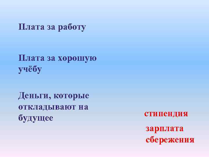 Плата за работу Плата за хорошую учёбу Деньги, которые откладывают на будущее стипендия зарплата