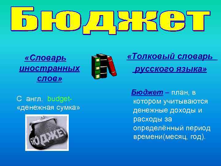  «Словарь иностранных слов» С англ. budget «денежная сумка» «Толковый словарь русского языка» Бюджет