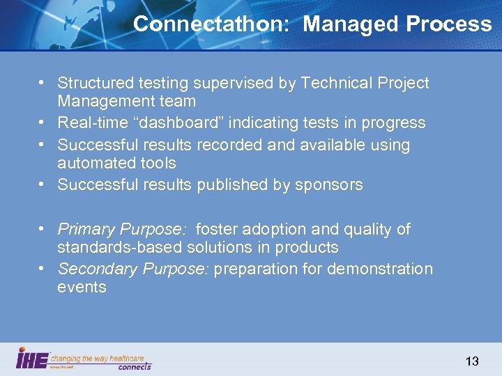 Connectathon: Managed Process • Structured testing supervised by Technical Project Management team • Real-time