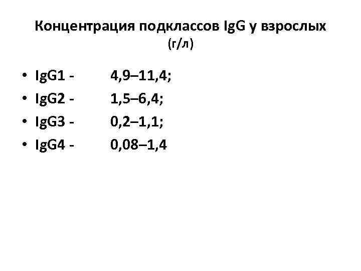 Концентрация подклассов Ig. G у взрослых (г/л) • • Ig. G 1 - 4,