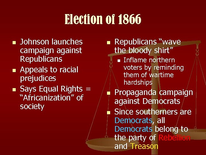 Election of 1866 n n n Johnson launches campaign against Republicans Appeals to racial