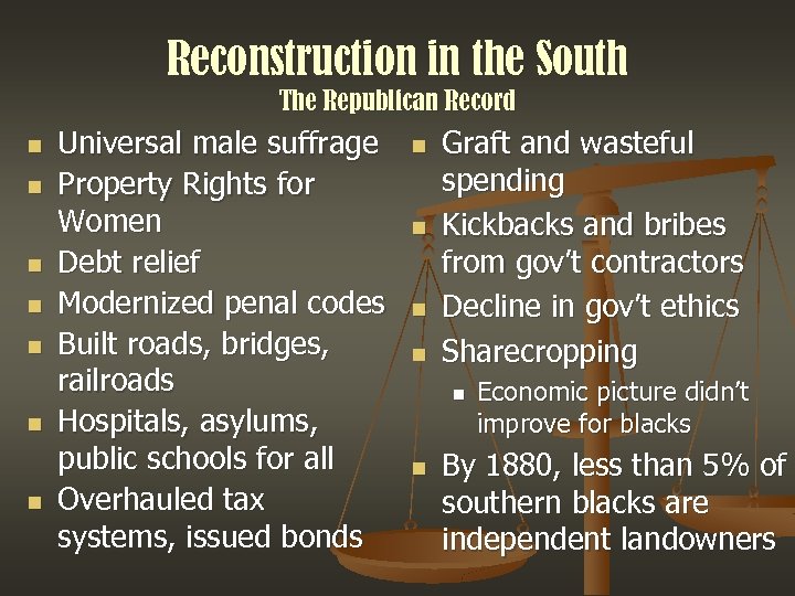 Reconstruction in the South The Republican Record n n n n Universal male suffrage