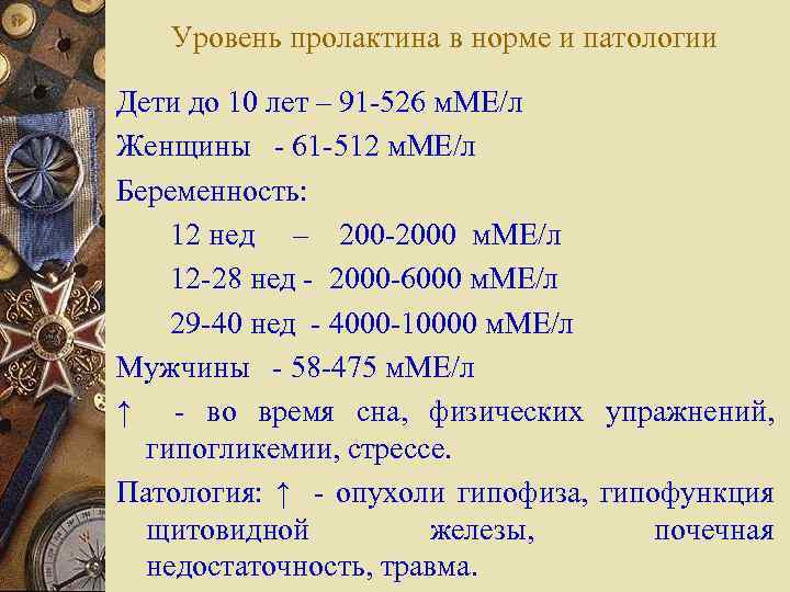 Уровень пролактина в норме и патологии Дети до 10 лет – 91 -526 м.