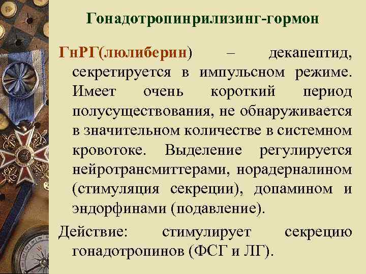 Гонадотропинрилизинг-гормон Гн. РГ(люлиберин) – декапептид, секретируется в импульсном режиме. Имеет очень короткий период полусуществования,