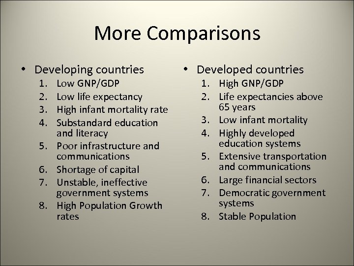 More Comparisons • Developing countries 1. 2. 3. 4. 5. 6. 7. 8. Low