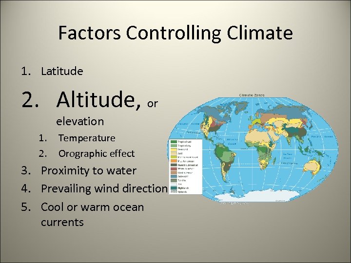 Factors Controlling Climate 1. Latitude 2. Altitude, or elevation 1. 2. Temperature Orographic effect