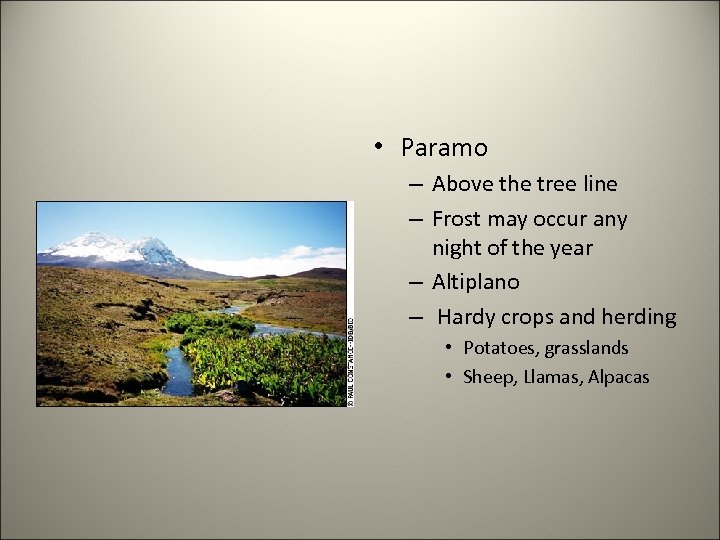  • Paramo – Above the tree line – Frost may occur any night